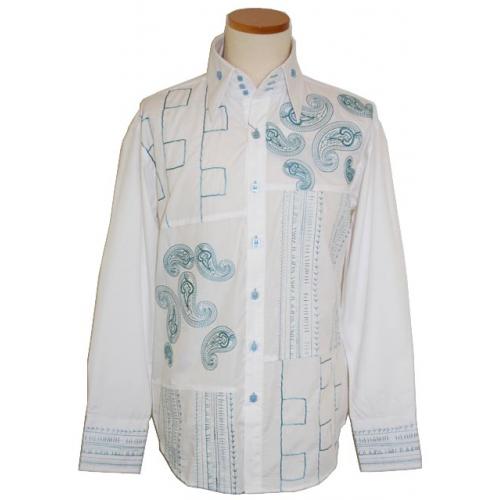 Manzini White/Denim Blue Paisley Design Embroidered Long Sleeves 100% Cotton Shirt MZ-62